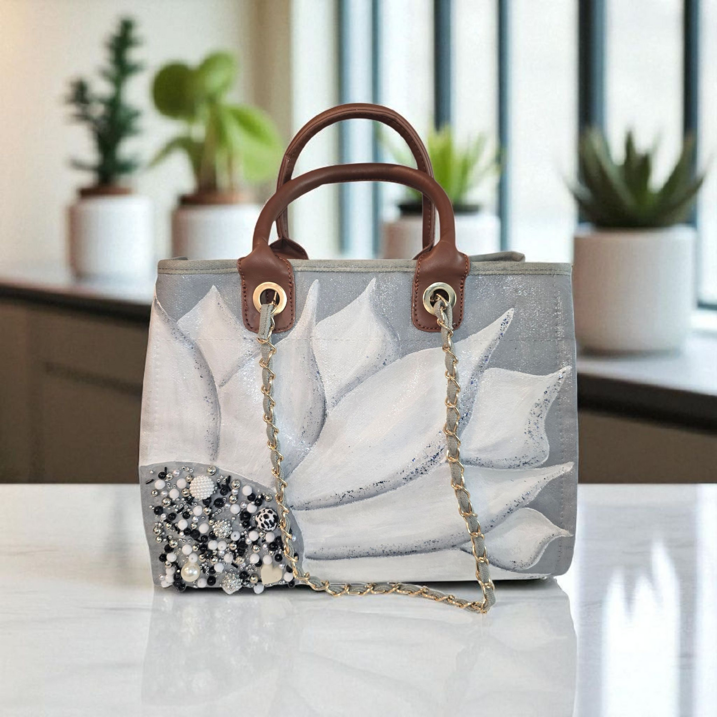 floral canvas purse, gray canvas handbag, silver flower purse, hand painted canvas purse