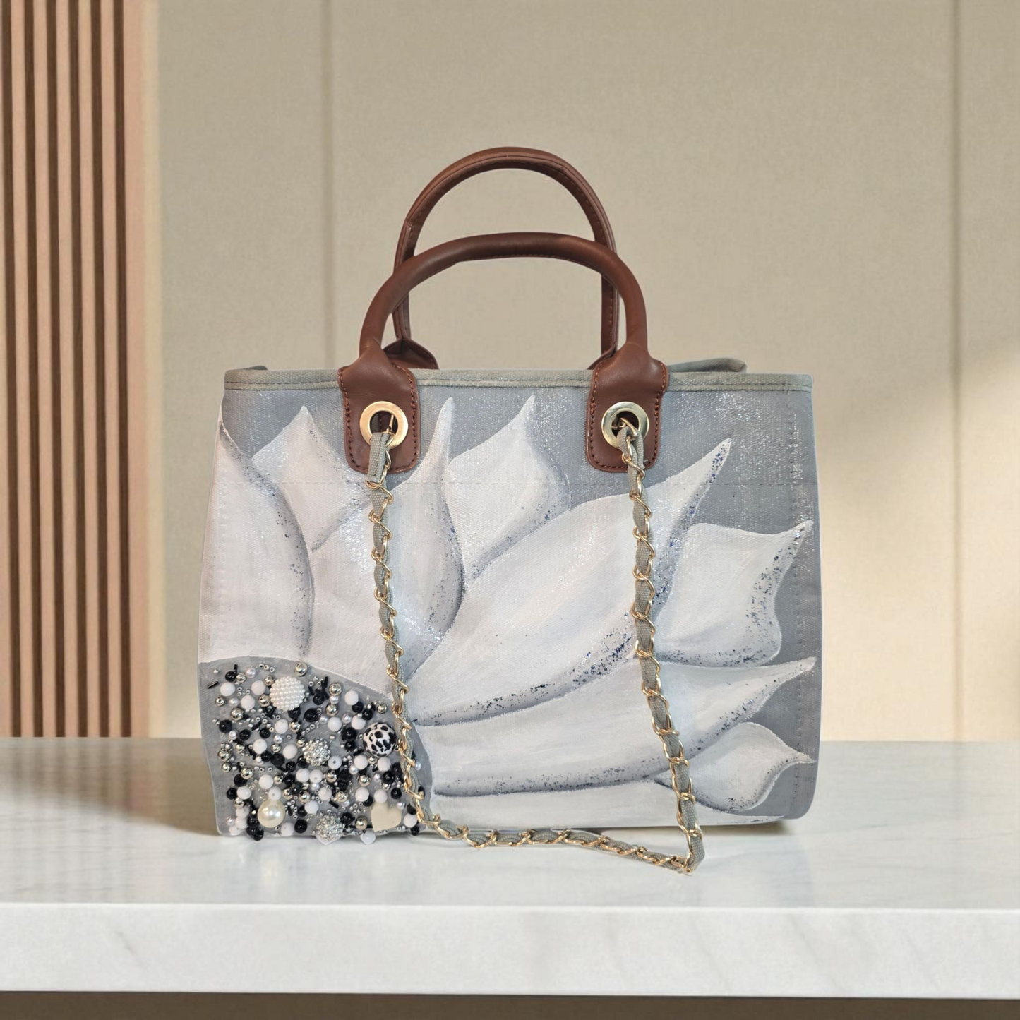 floral canvas purse, gray canvas handbag, silver flower purse, hand painted canvas purse