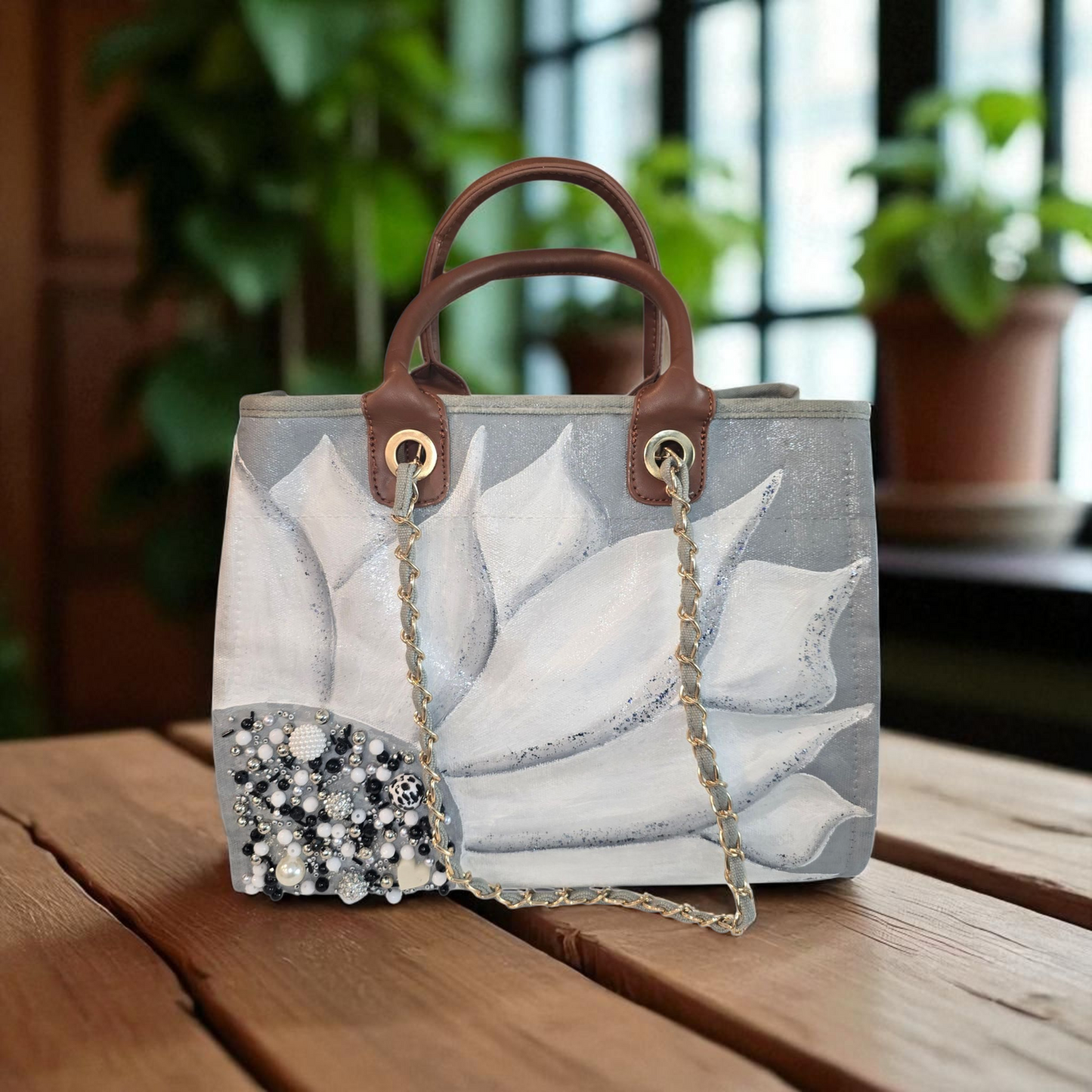 floral canvas purse, gray canvas handbag, silver flower purse, hand painted canvas purse