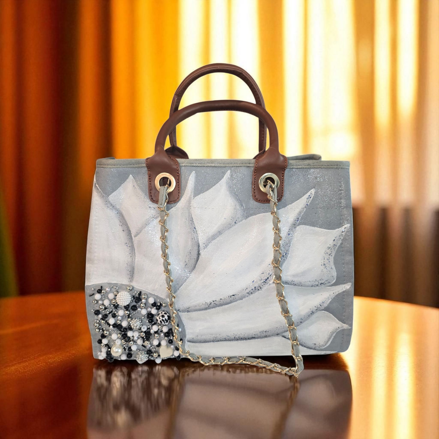 floral canvas purse, gray canvas handbag, silver flower purse, hand painted canvas purse