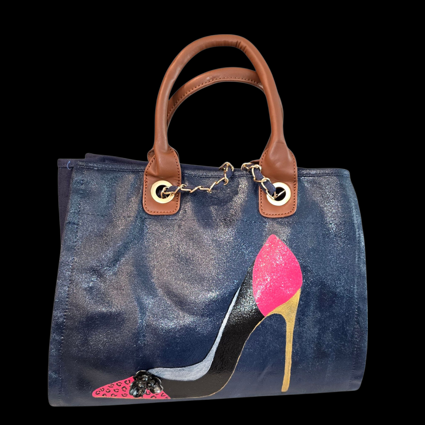 stiletto purse, shoe handbag, blue canvas purse, hand painted canvas purse