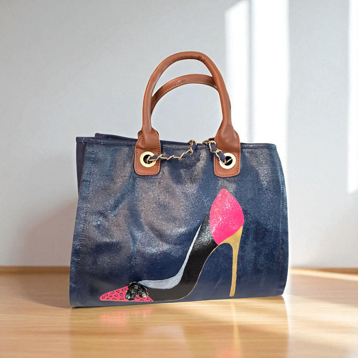 stiletto purse, shoe handbag, blue canvas purse, hand painted canvas purse