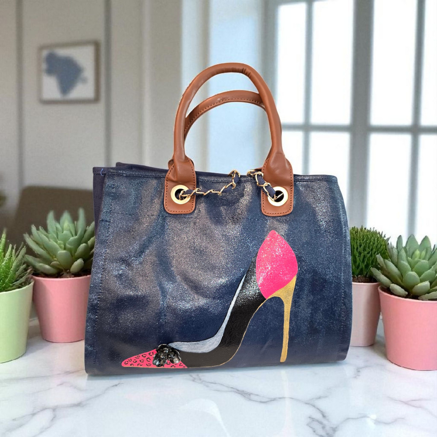 stiletto purse, shoe handbag, blue canvas purse, hand painted canvas purse