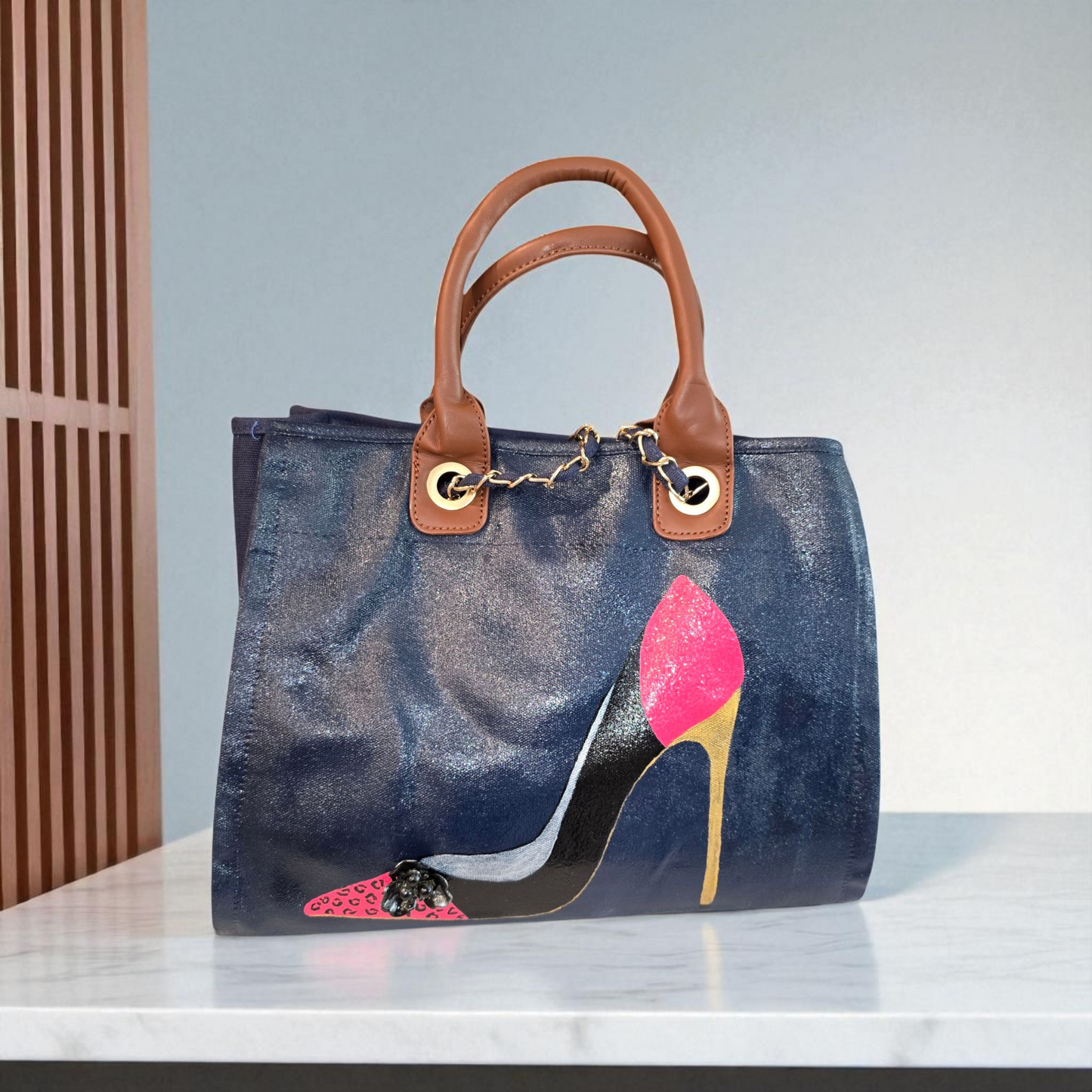 stiletto purse, shoe handbag, blue canvas purse, hand painted canvas purse