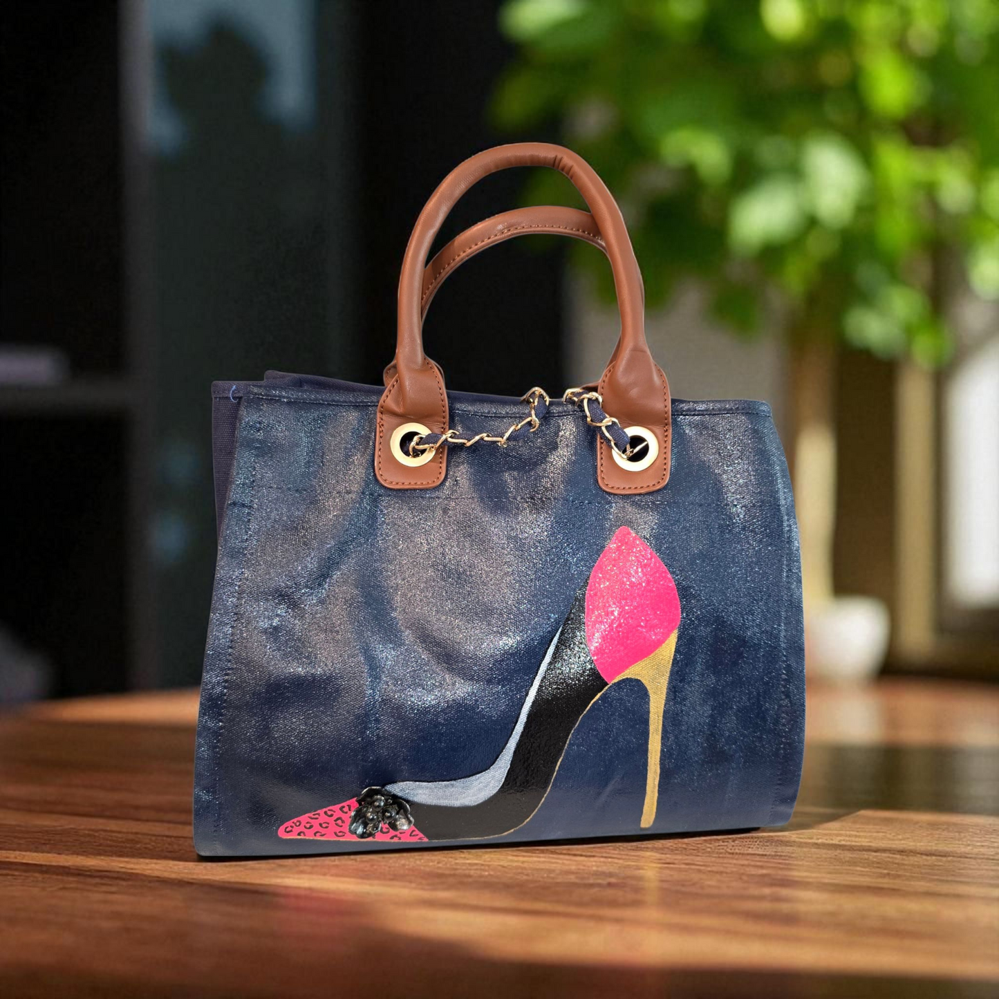 stiletto purse, shoe handbag, blue canvas purse, hand painted canvas purse