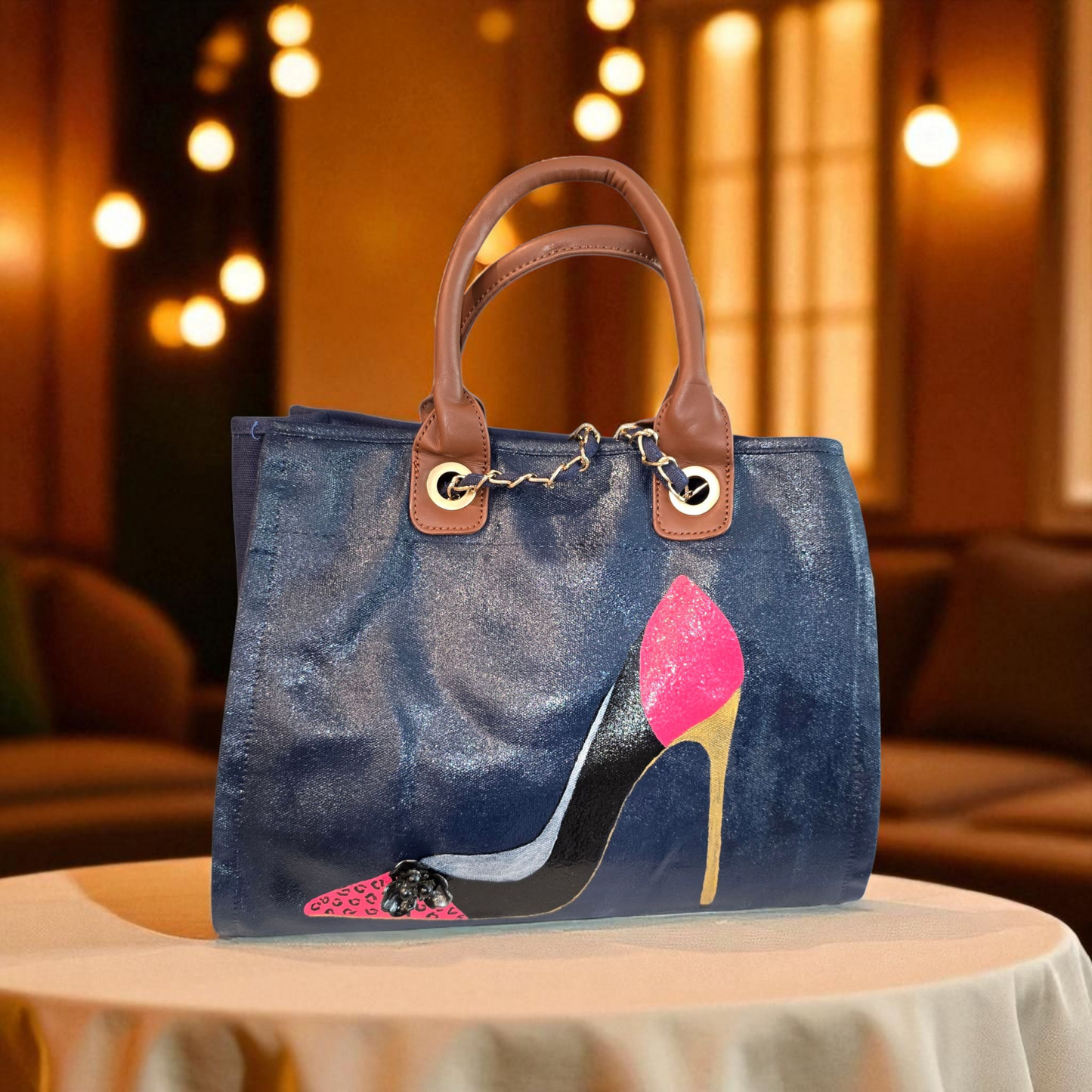 stiletto purse, shoe handbag, blue canvas purse, hand painted canvas purse