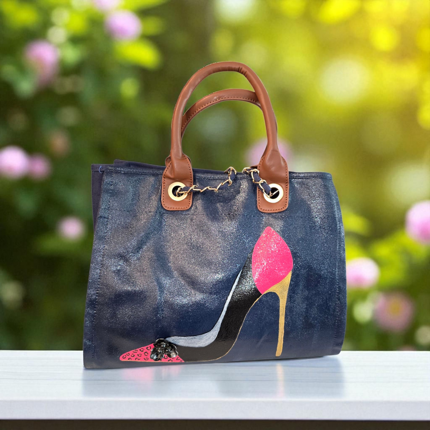 stiletto purse, shoe handbag, blue canvas purse, hand painted canvas purse