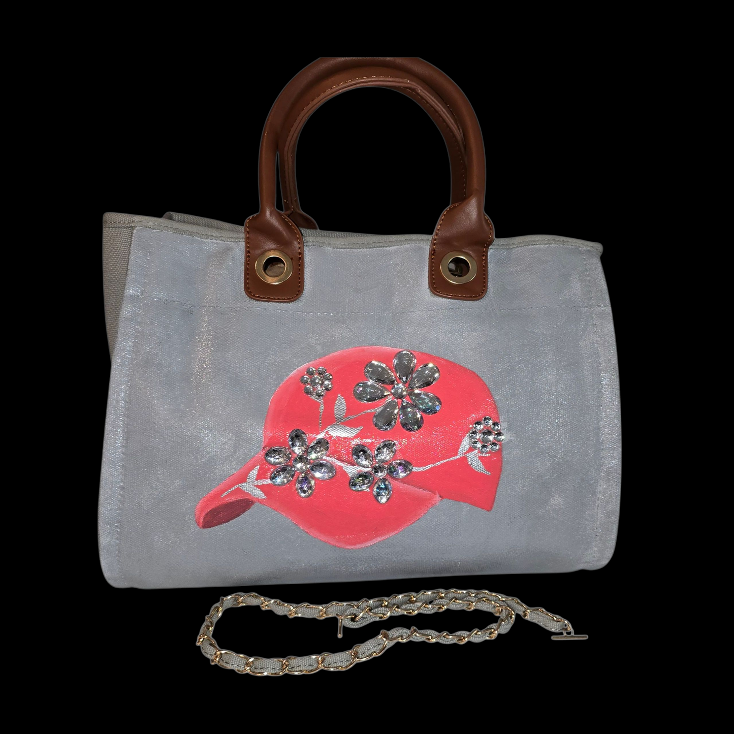 baseball hat purse, gray canvas handbag, jeweled purse, hand painted canvas purse