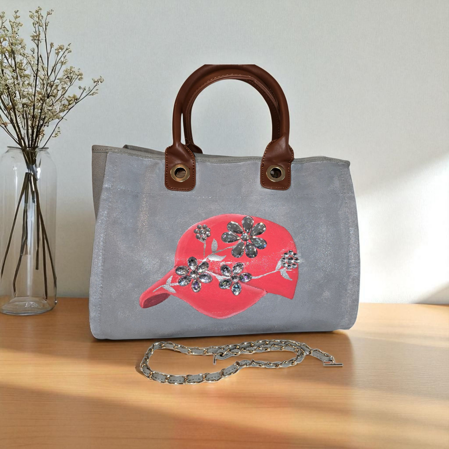 baseball hat purse, gray canvas handbag, jeweled purse, hand painted canvas purse