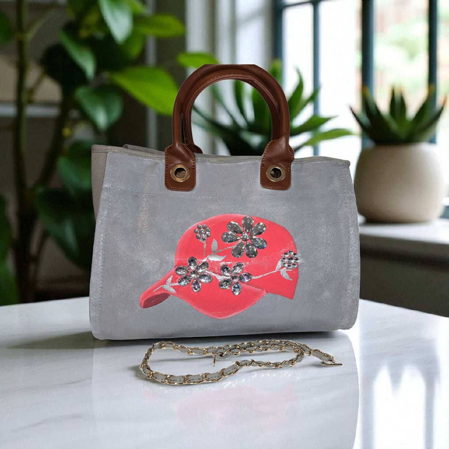 baseball hat purse, gray canvas handbag, jeweled purse, hand painted canvas purse