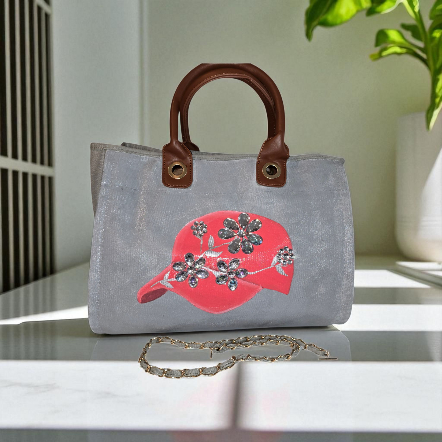 baseball hat purse, gray canvas handbag, jeweled purse, hand painted canvas purse