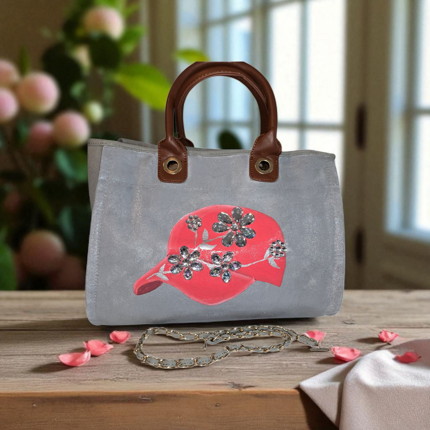 baseball hat purse, gray canvas handbag, jeweled purse, hand painted canvas purse
