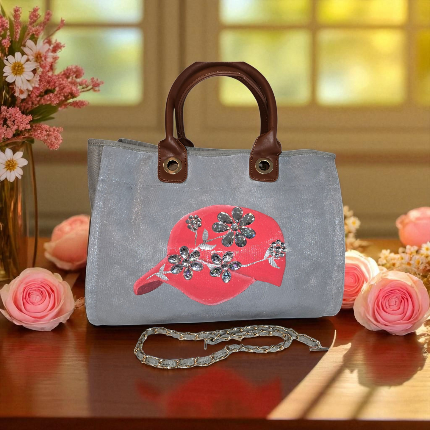 baseball hat purse, gray canvas handbag, jeweled purse, hand painted canvas purse