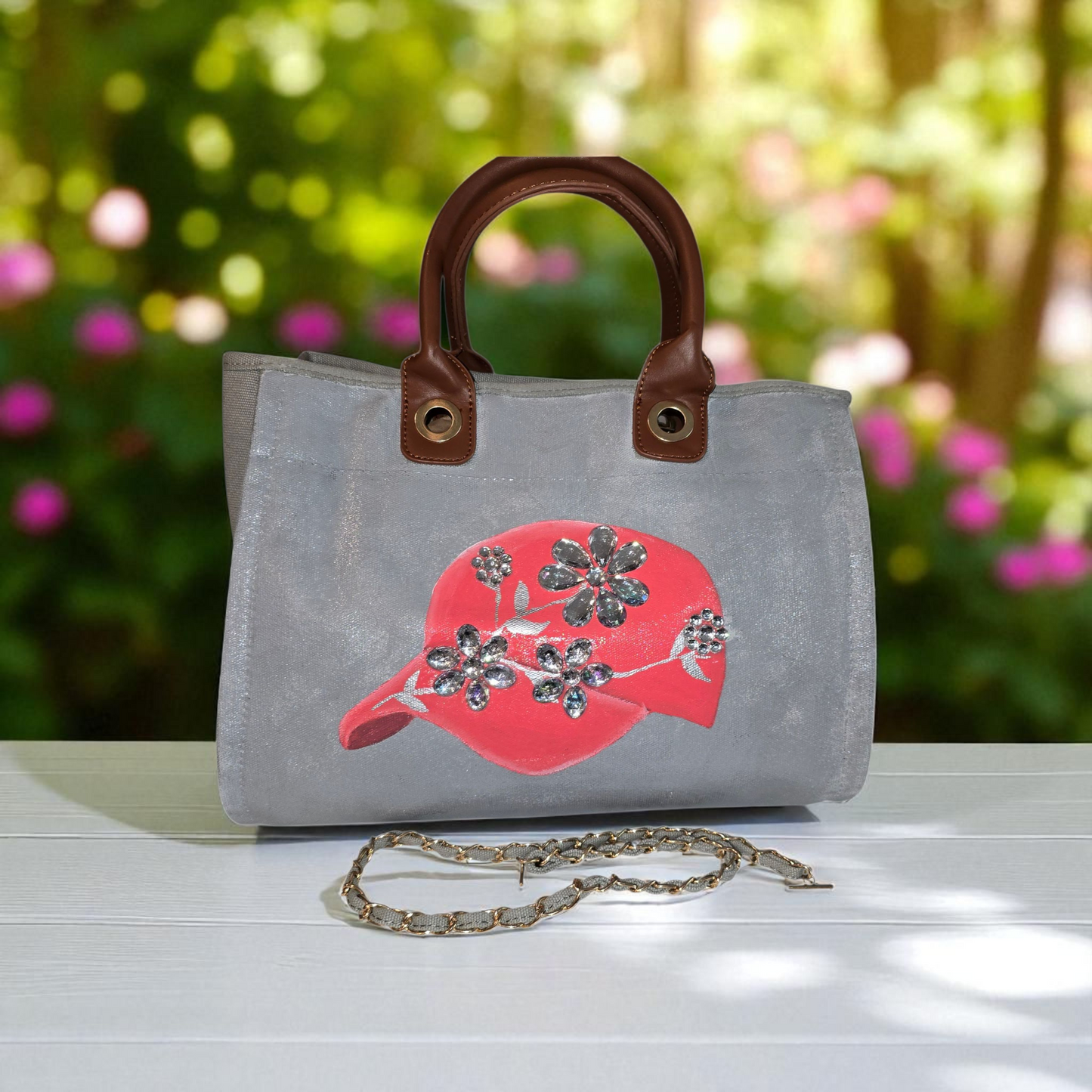 baseball hat purse, gray canvas handbag, jeweled purse, hand painted canvas purse
