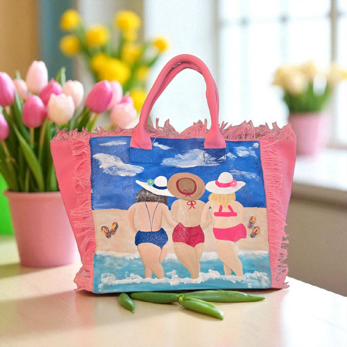 girlfriends tote bag, pink friends tote bag, fringed canvas tote, hand painted friends bag