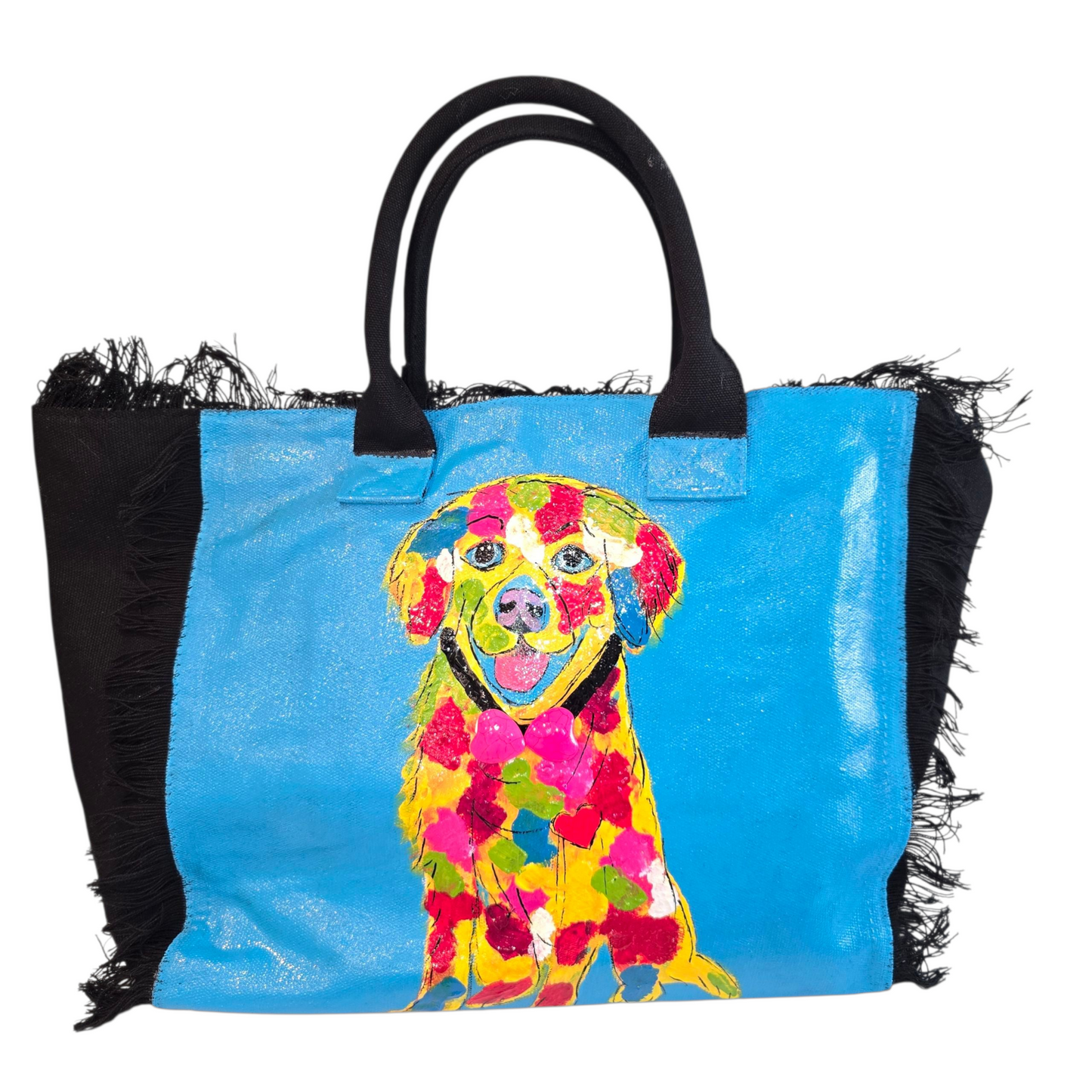 yellow lab tote bag, labrador dog tote, fringed dog tote, black dog tote bag