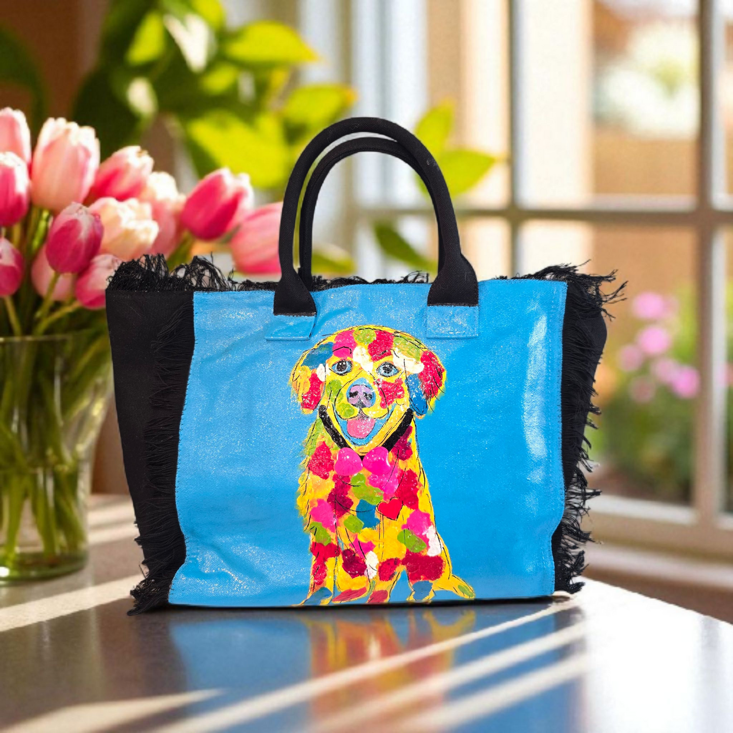 yellow lab tote bag, labrador dog tote, fringed dog tote, black dog tote bag