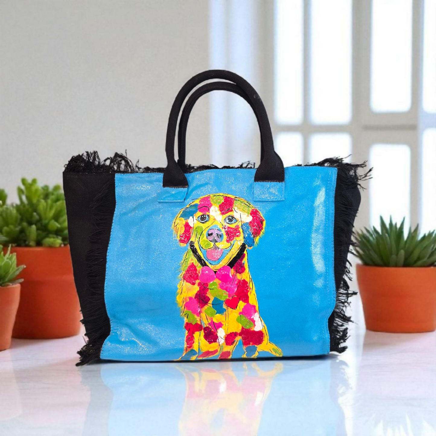 yellow lab tote bag, labrador dog tote, fringed dog tote, black dog tote bag