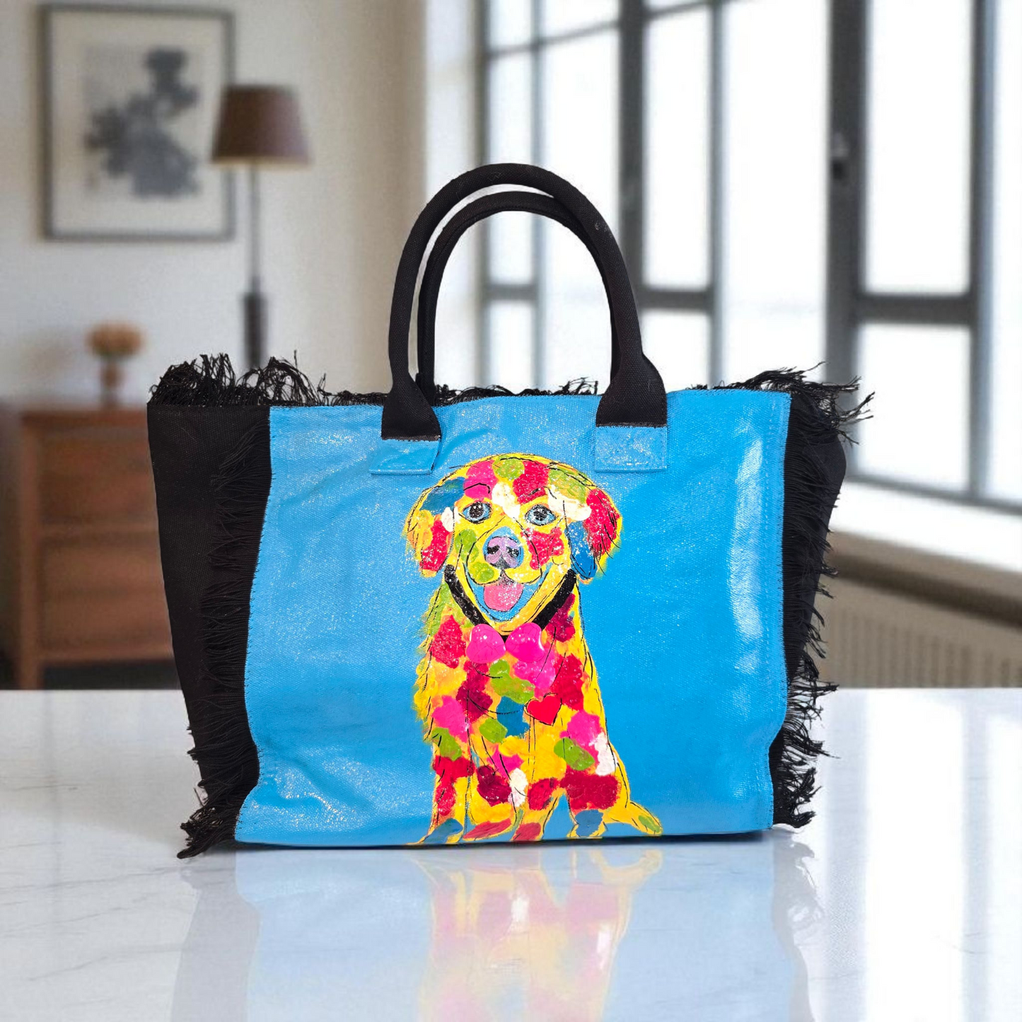 yellow lab tote bag, labrador dog tote, fringed dog tote, black dog tote bag