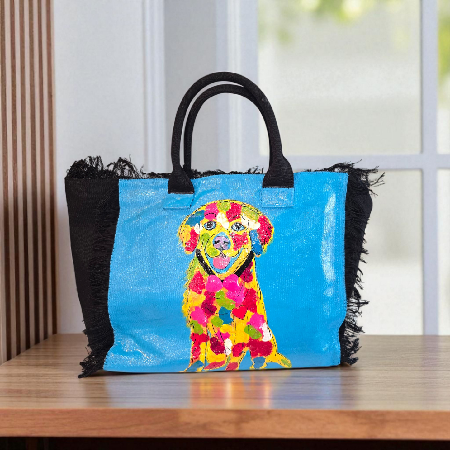 yellow lab tote bag, labrador dog tote, fringed dog tote, black dog tote bag
