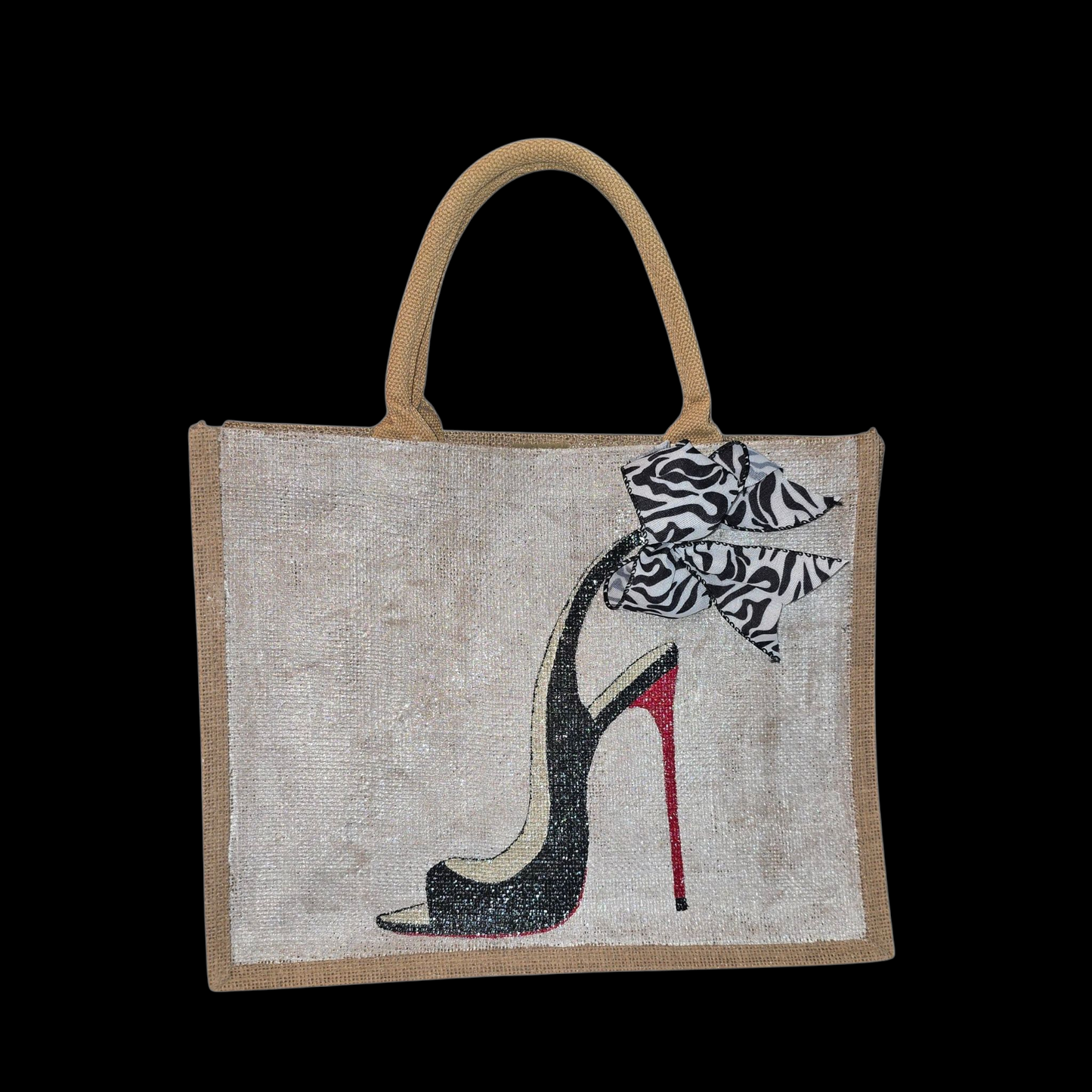 Hand-painted jute tote bag featuring a black stiletto heel with red sole and a zebra-print bow, designed by Dana’s Uncommon Glass