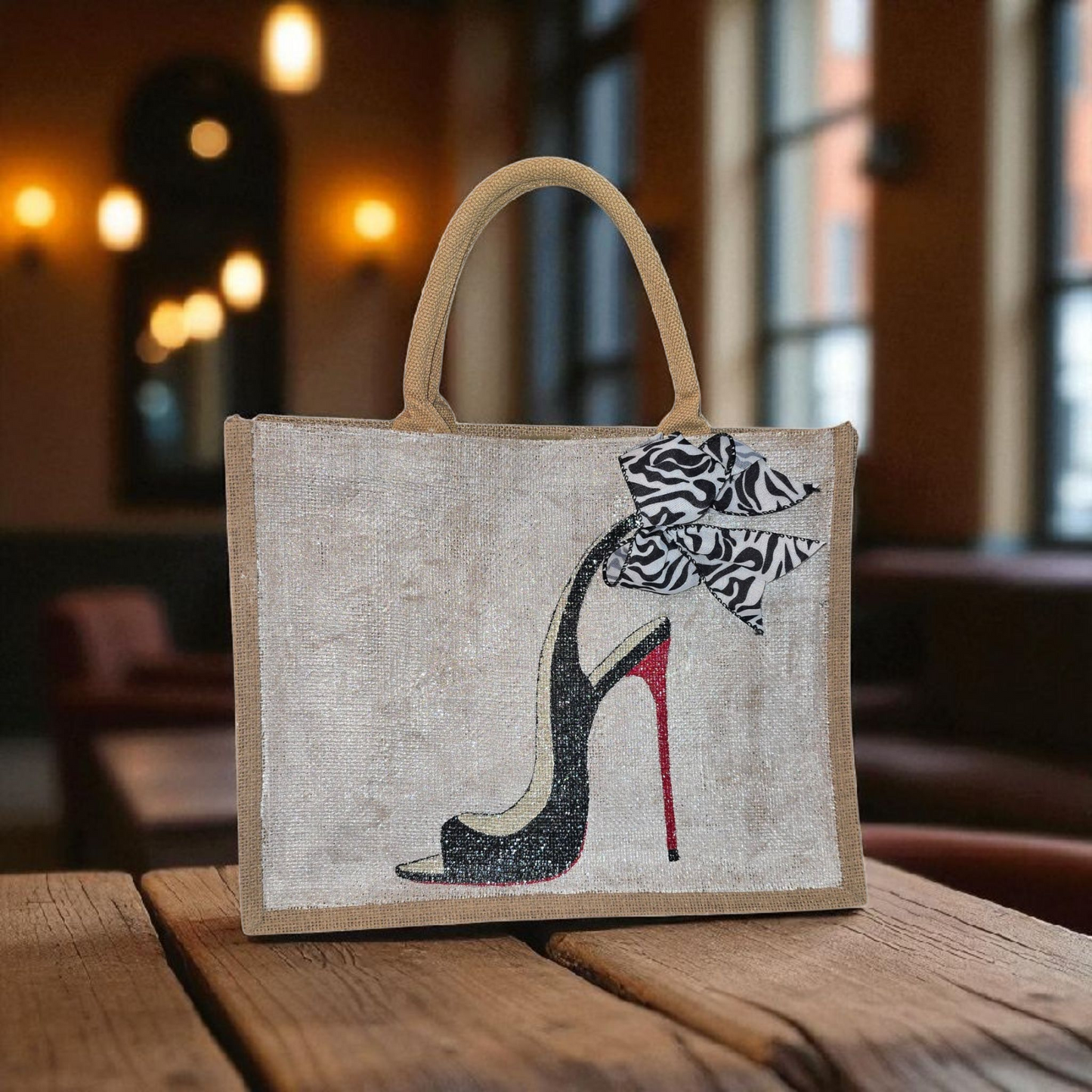 Hand-painted jute tote bag featuring a black stiletto heel with red sole and a zebra-print bow, designed by Dana’s Uncommon Glass