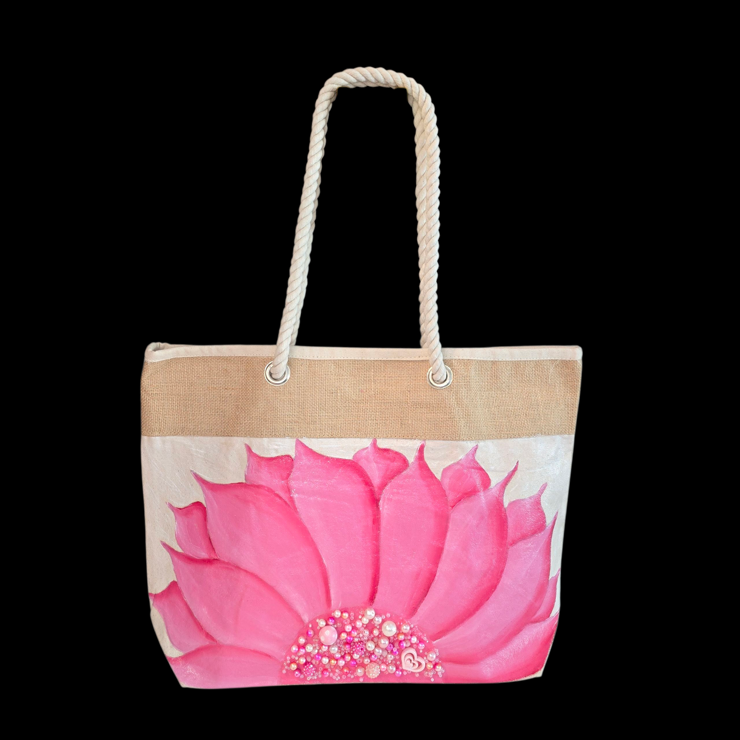 Hand-painted rope handle tote bag featuring a bright pink sunflower with bead embellishments.