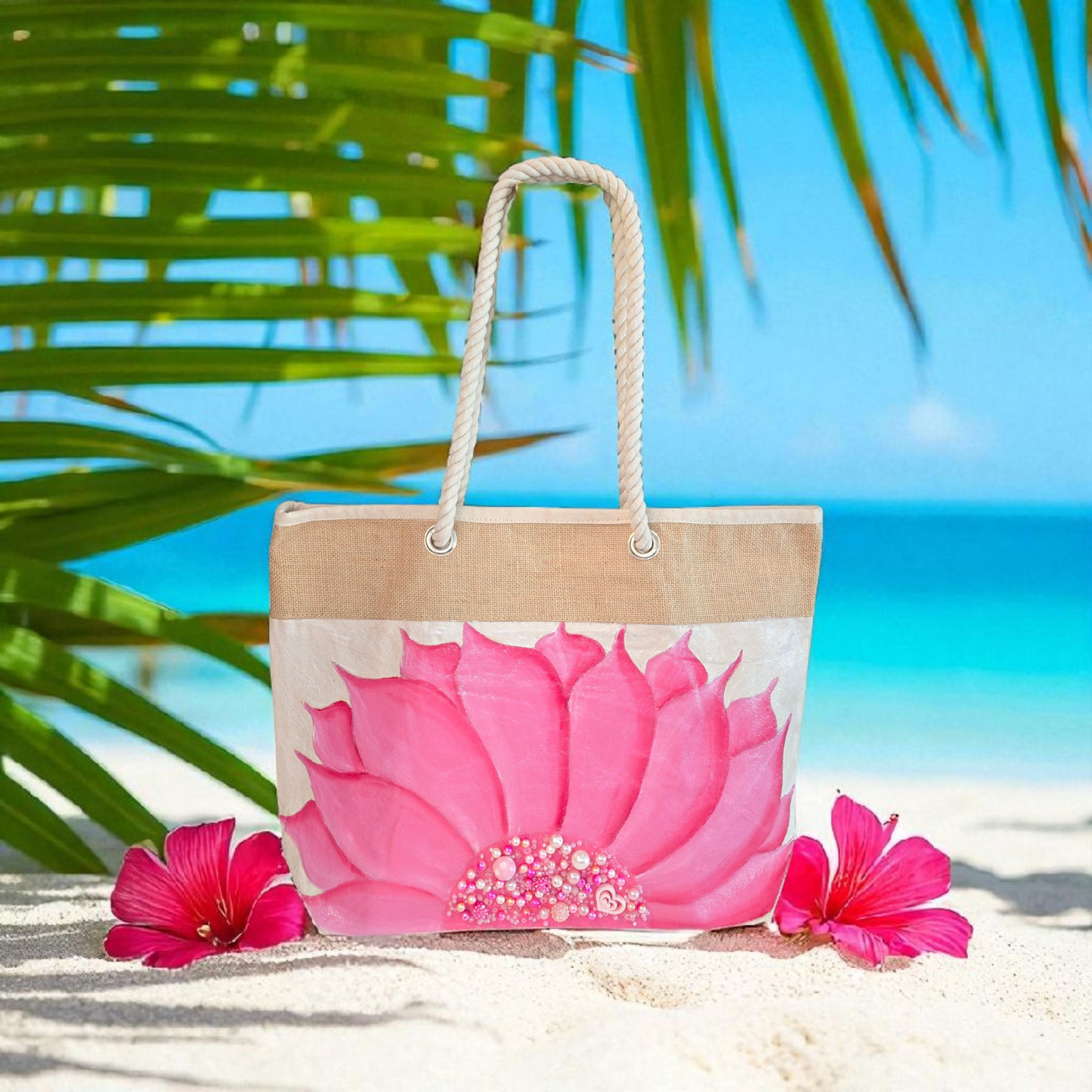 Hand-painted rope handle tote bag featuring a bright pink sunflower with bead embellishments.