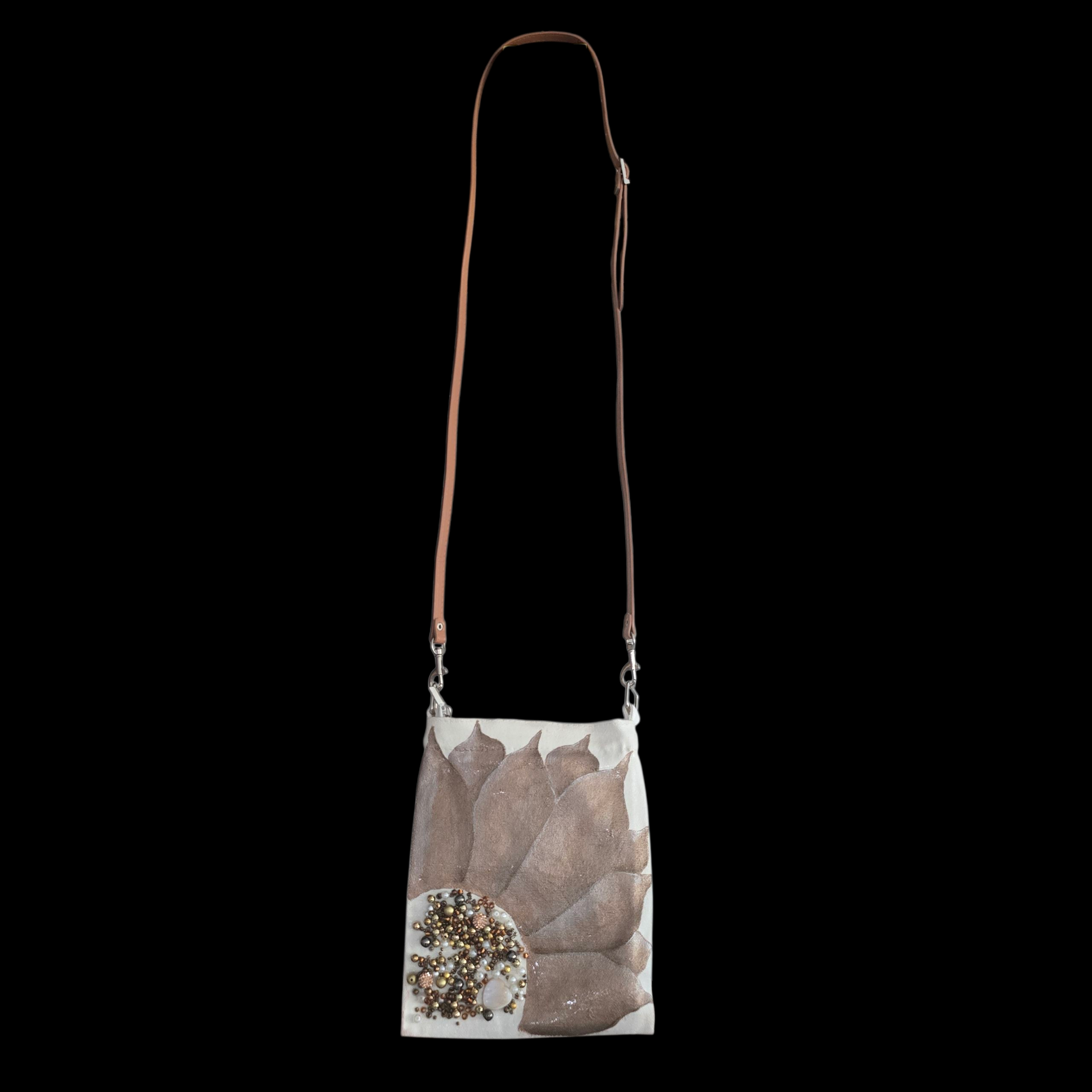 Bronze Sunflower Small Canvas Crossbody Purse with Beaded Center – Adjustable Leather Strap