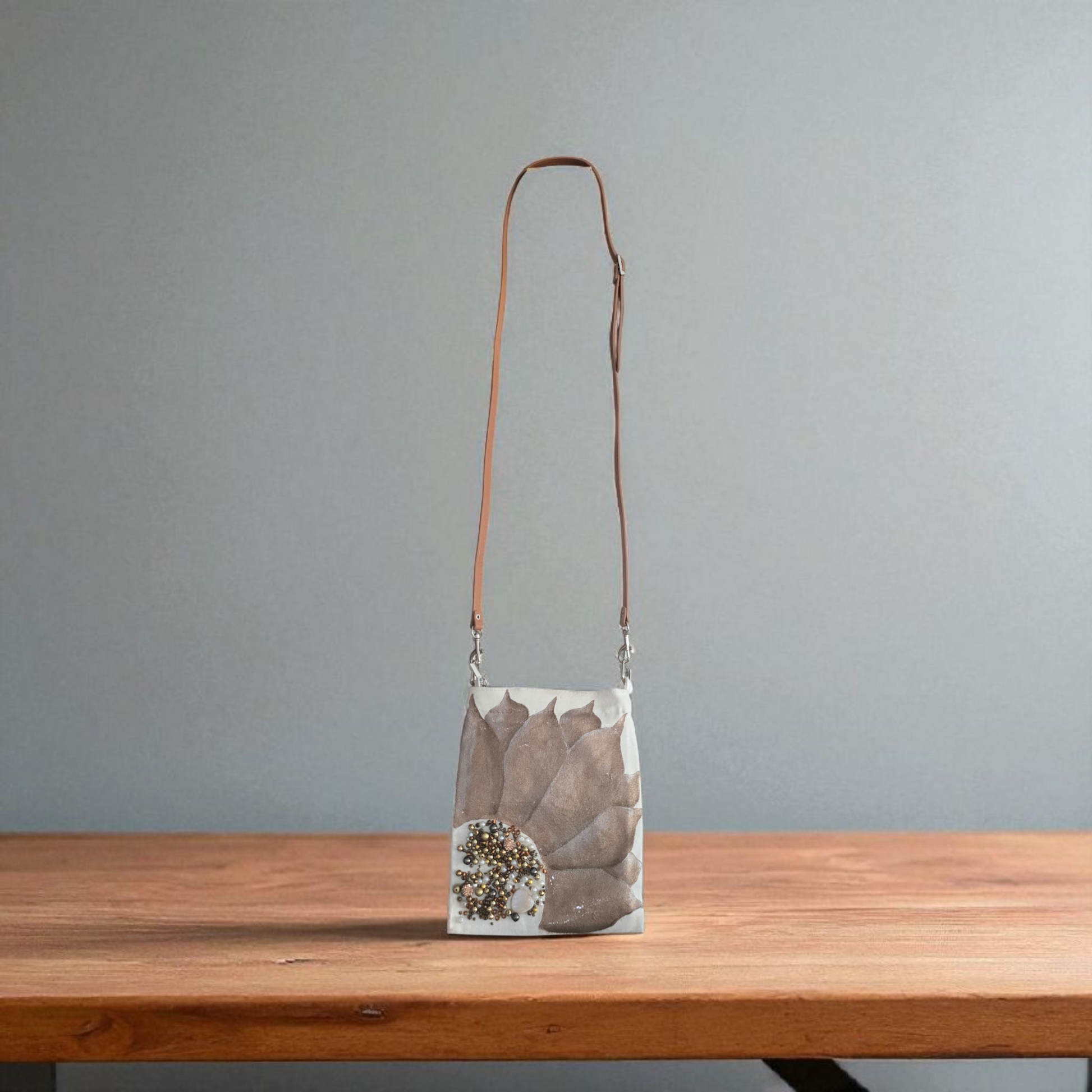 Bronze Sunflower Small Canvas Crossbody Purse with Beaded Center – Adjustable Leather Strap