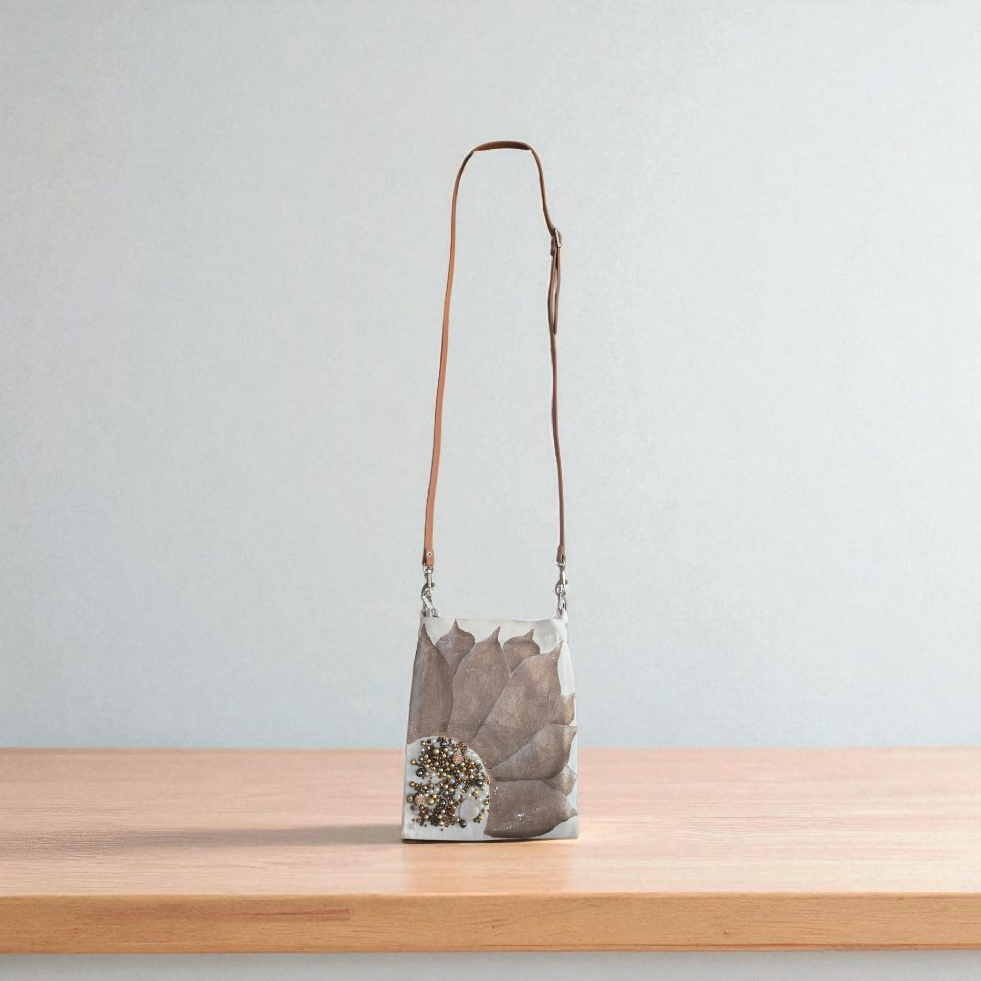 Bronze Sunflower Small Canvas Crossbody Purse with Beaded Center – Adjustable Leather Strap