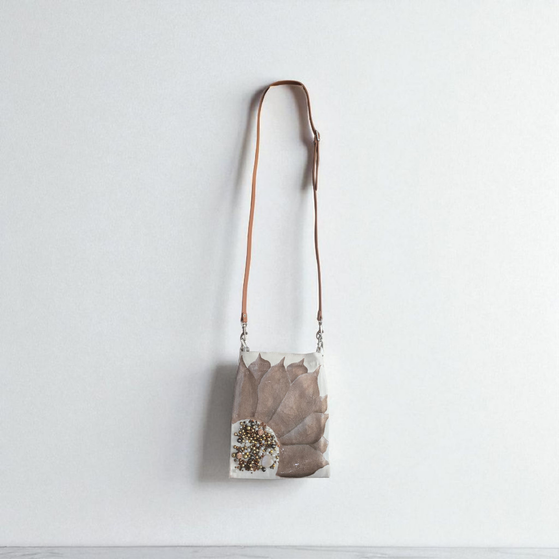Bronze Sunflower Small Canvas Crossbody Purse with Beaded Center – Adjustable Leather Strap
