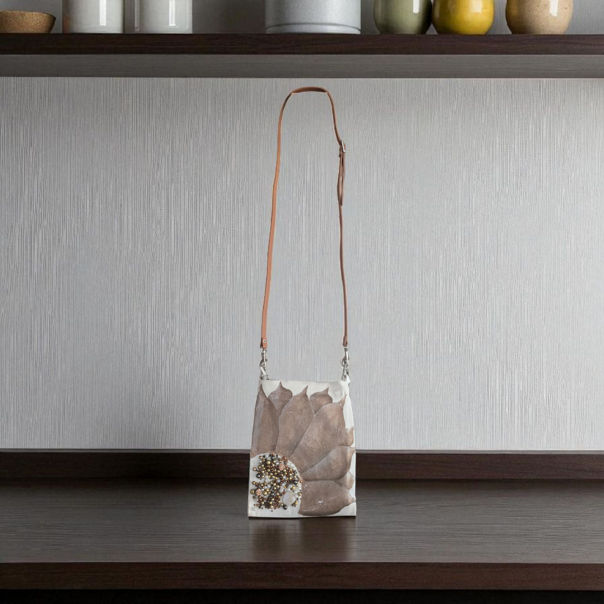 Bronze Sunflower Small Canvas Crossbody Purse with Beaded Center – Adjustable Leather Strap