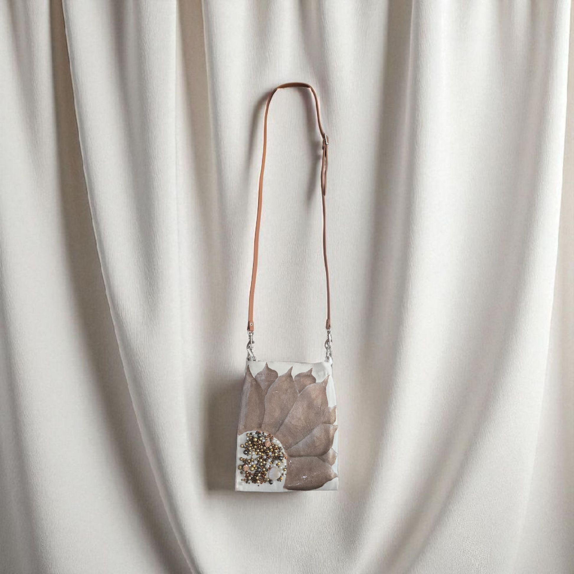 Bronze Sunflower Small Canvas Crossbody Purse with Beaded Center – Adjustable Leather Strap