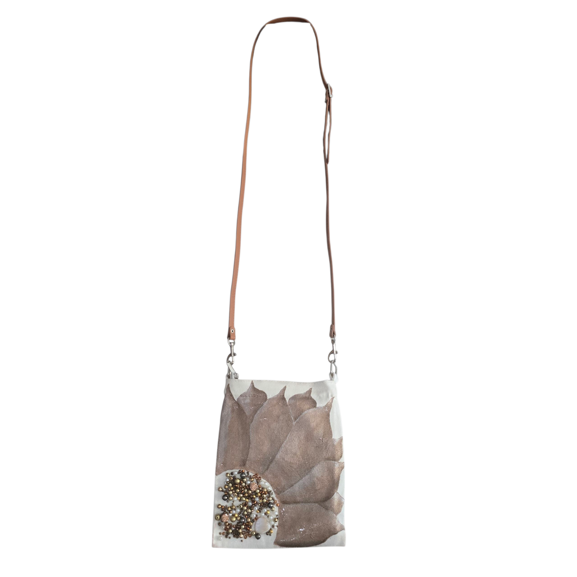 Bronze Sunflower Small Canvas Crossbody Purse with Beaded Center – Adjustable Leather Strap