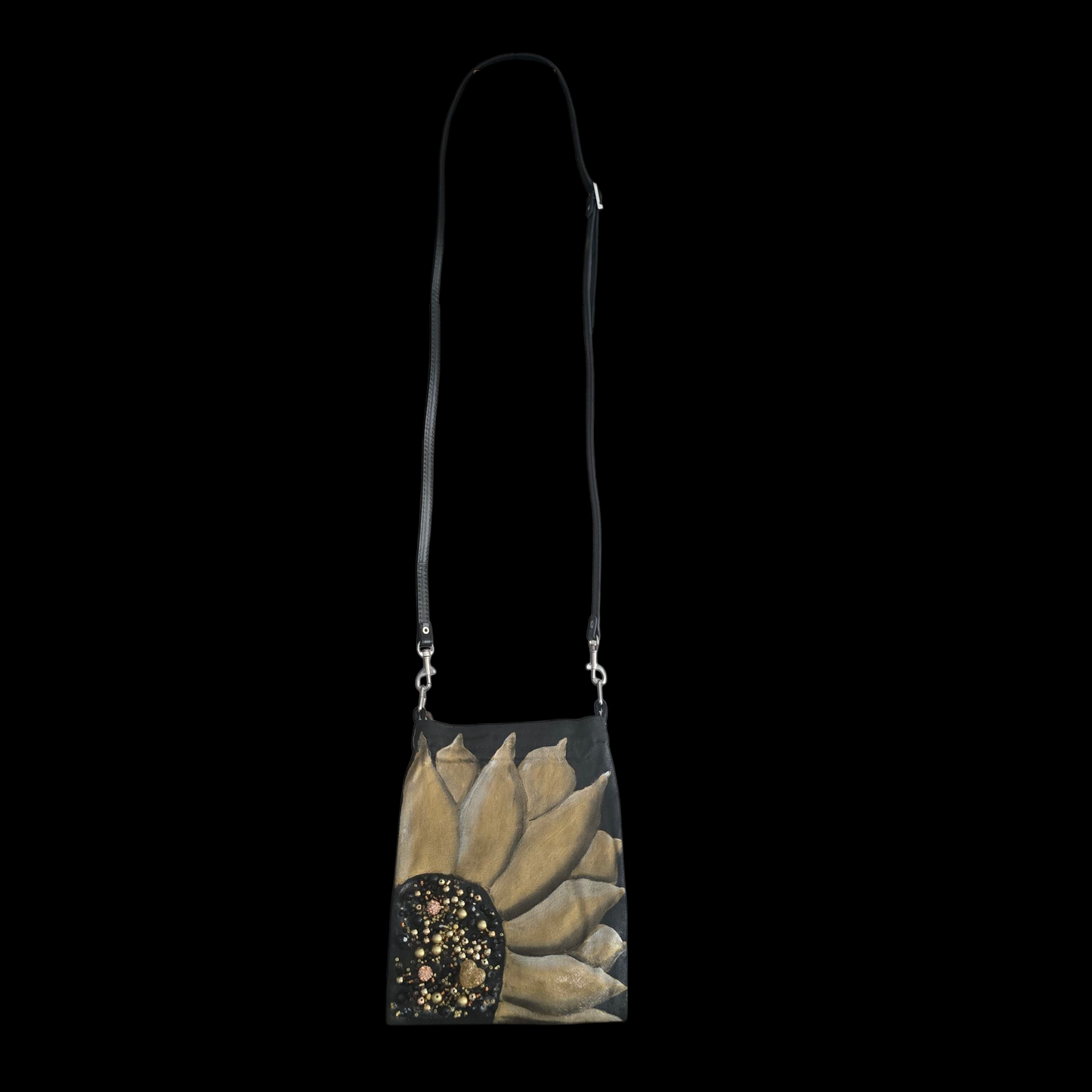 Gold Sunflower Small Canvas Crossbody Purse
Black Canvas with Beaded Center – Adjustable Leather Strap