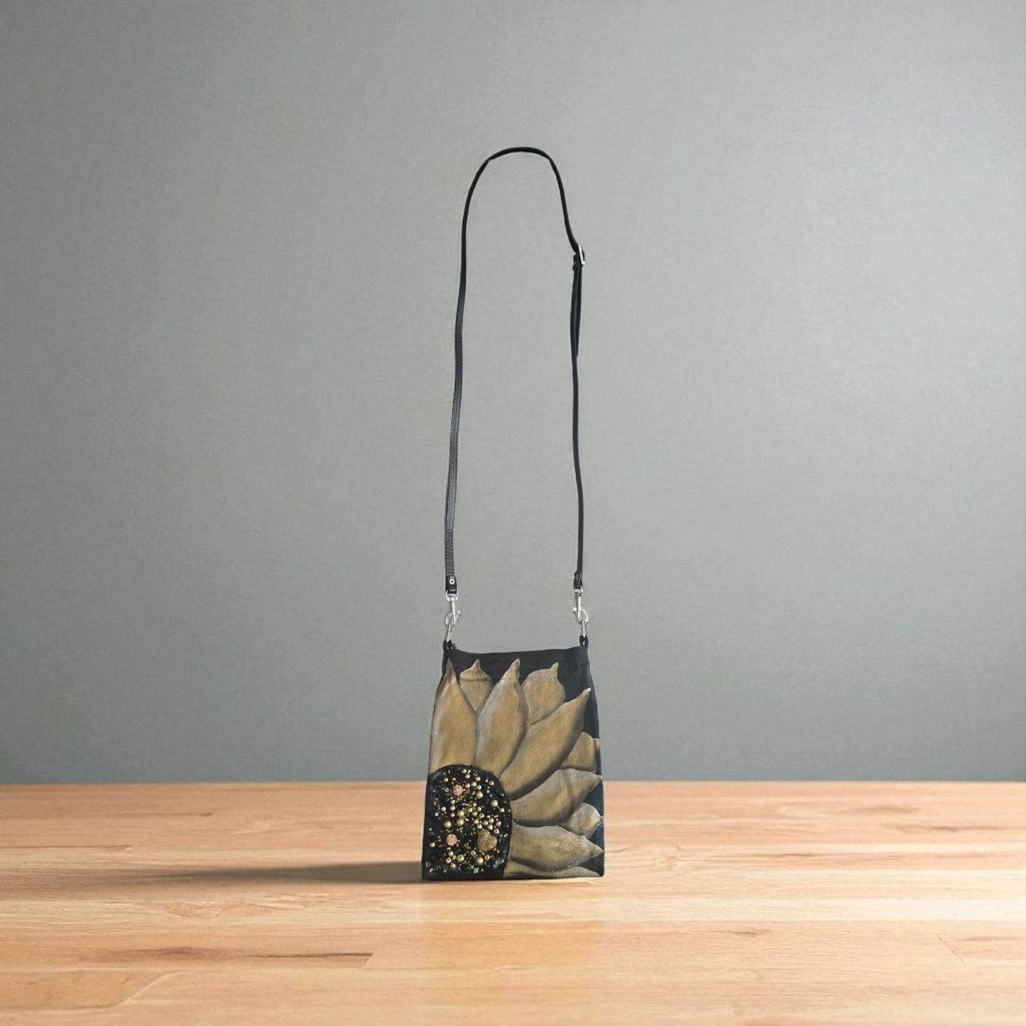 Gold Sunflower Small Canvas Crossbody Purse
Black Canvas with Beaded Center – Adjustable Leather Strap