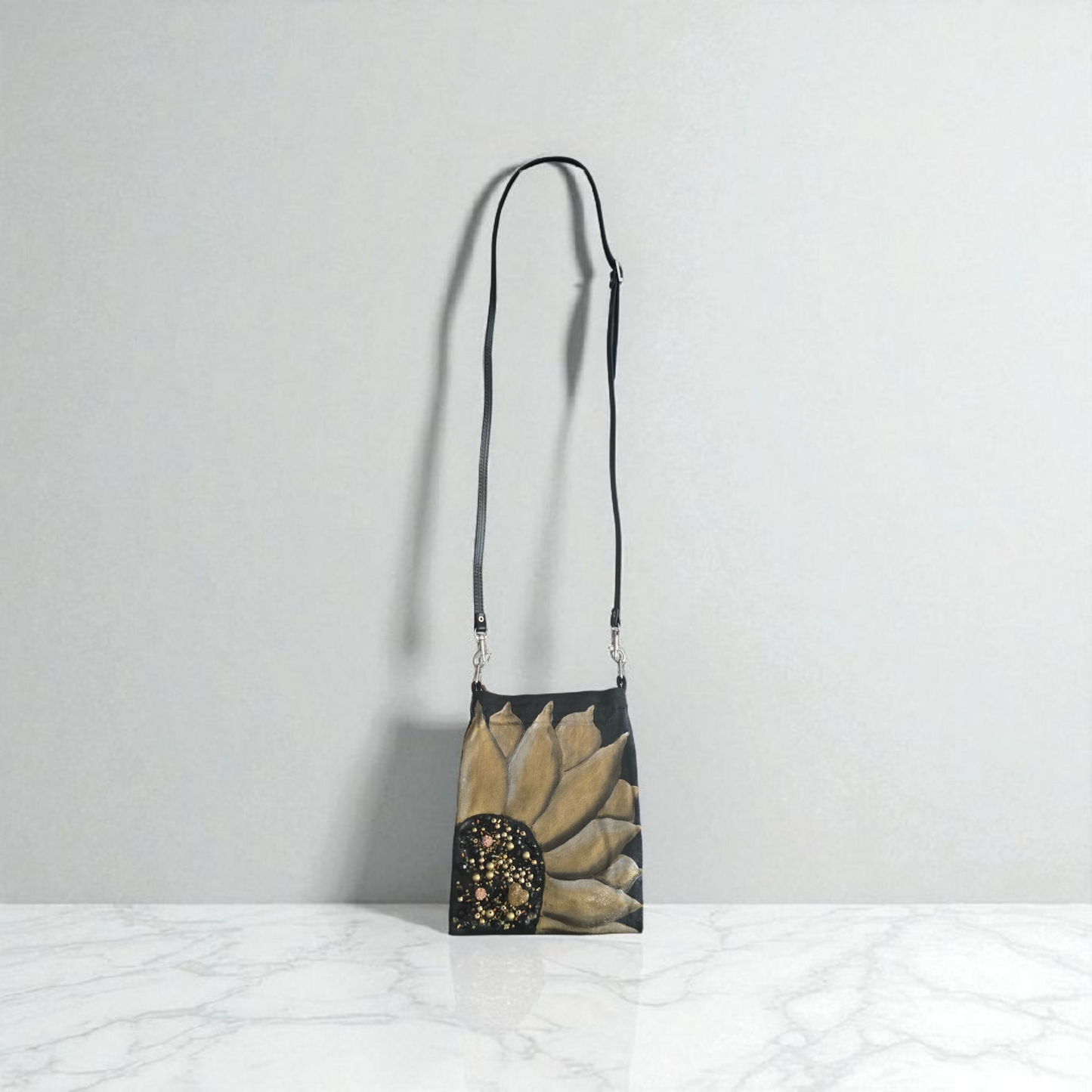 Gold Sunflower Small Canvas Crossbody Purse
Black Canvas with Beaded Center – Adjustable Leather Strap