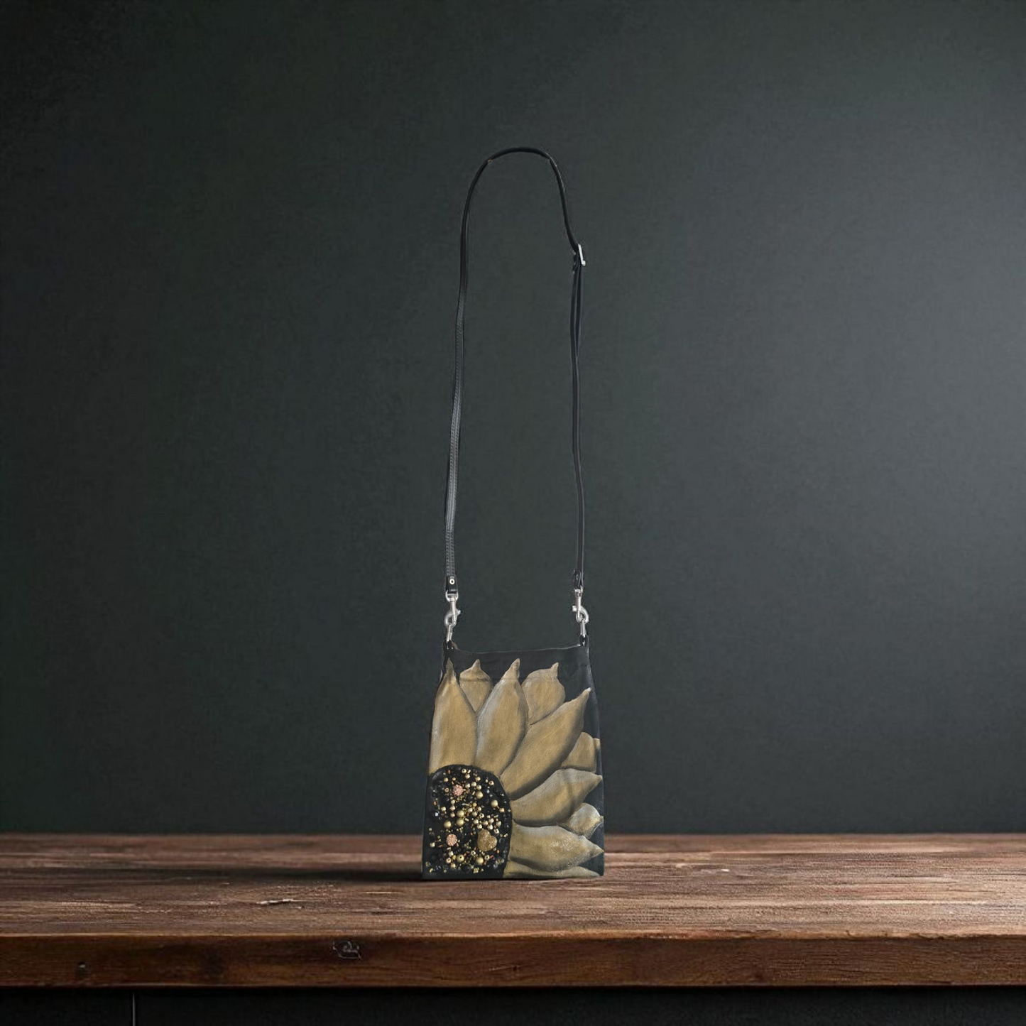 Gold Sunflower Small Canvas Crossbody Purse
Black Canvas with Beaded Center – Adjustable Leather Strap
