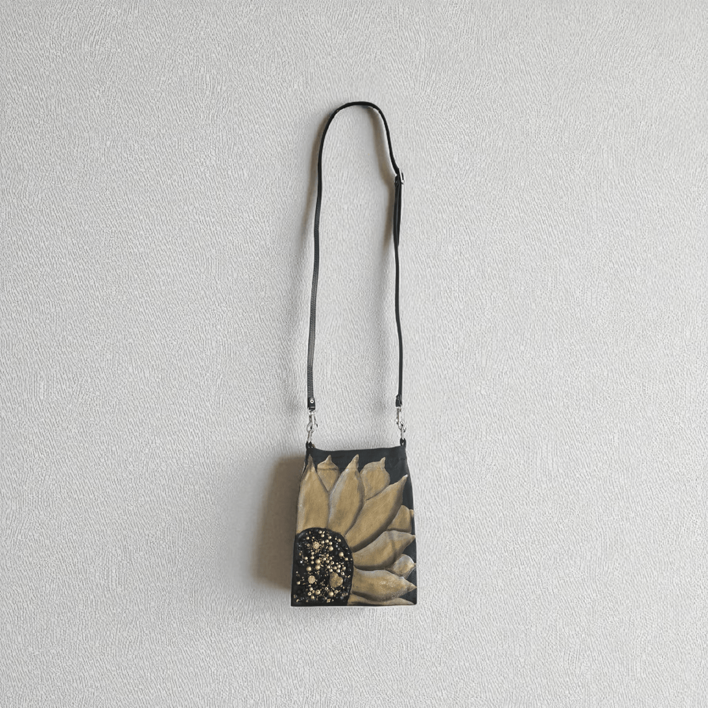 Gold Sunflower Small Canvas Crossbody Purse
Black Canvas with Beaded Center – Adjustable Leather Strap