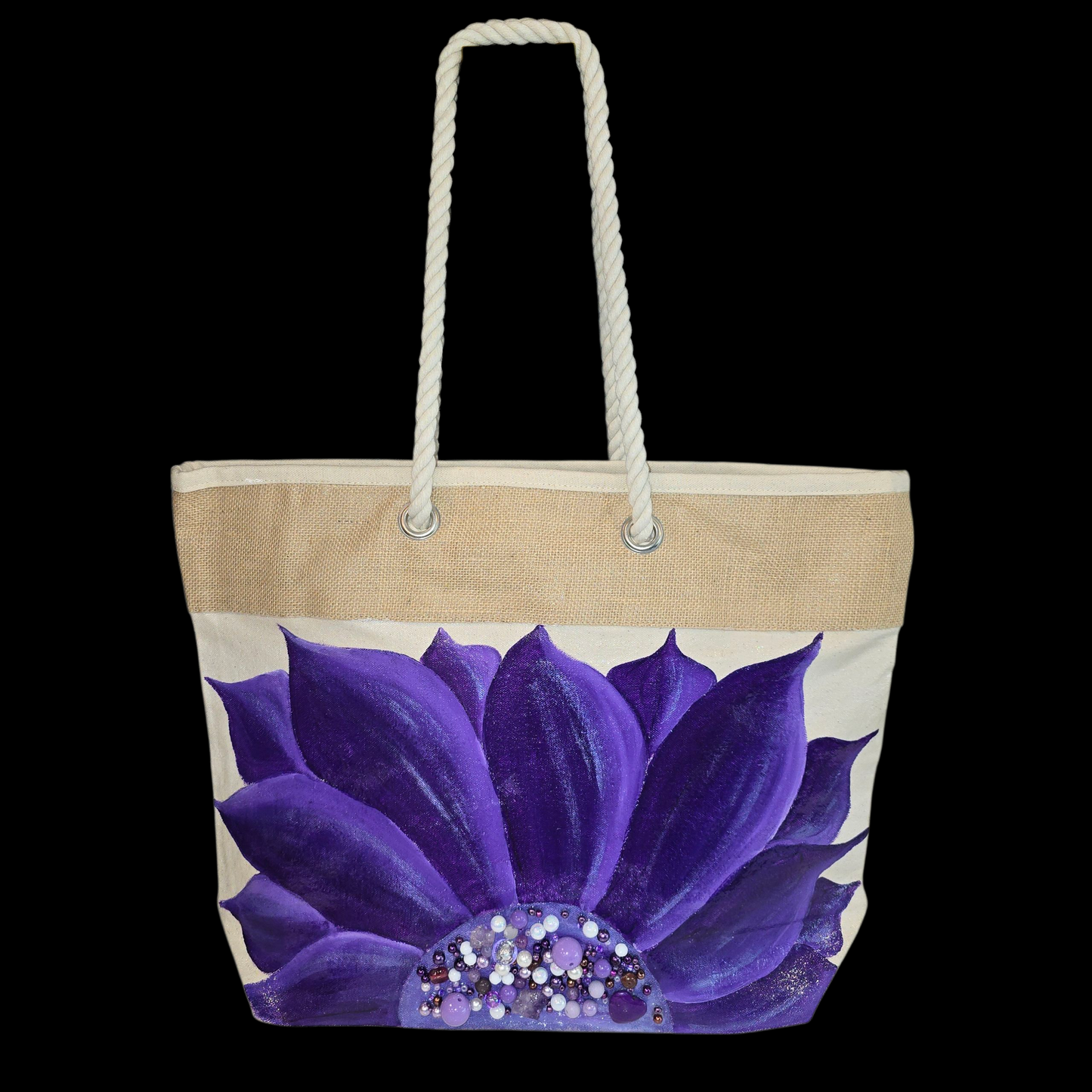 Hand-painted rope handle tote bag featuring a vibrant purple sunflower with bead embellishments.