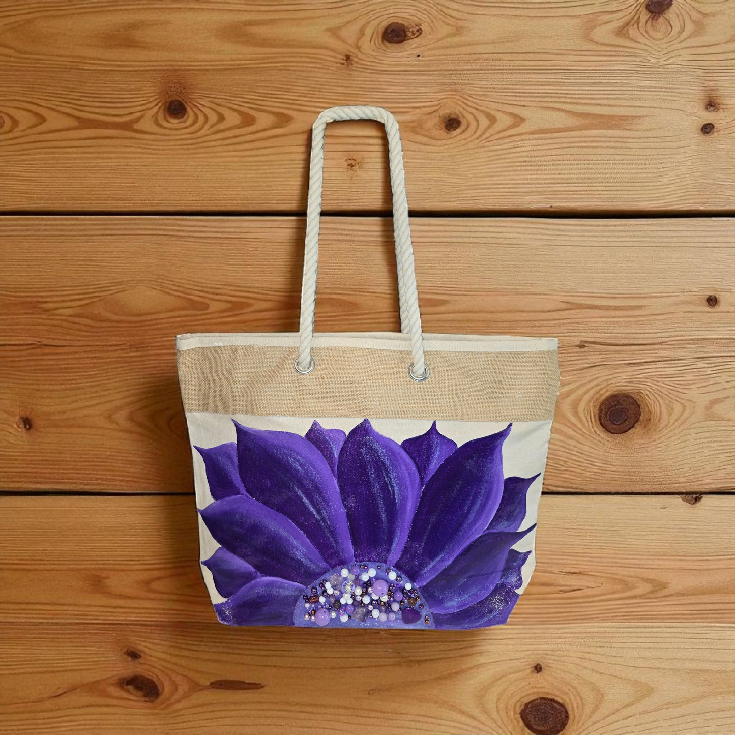 Hand-painted rope handle tote bag featuring a vibrant purple sunflower with bead embellishments.