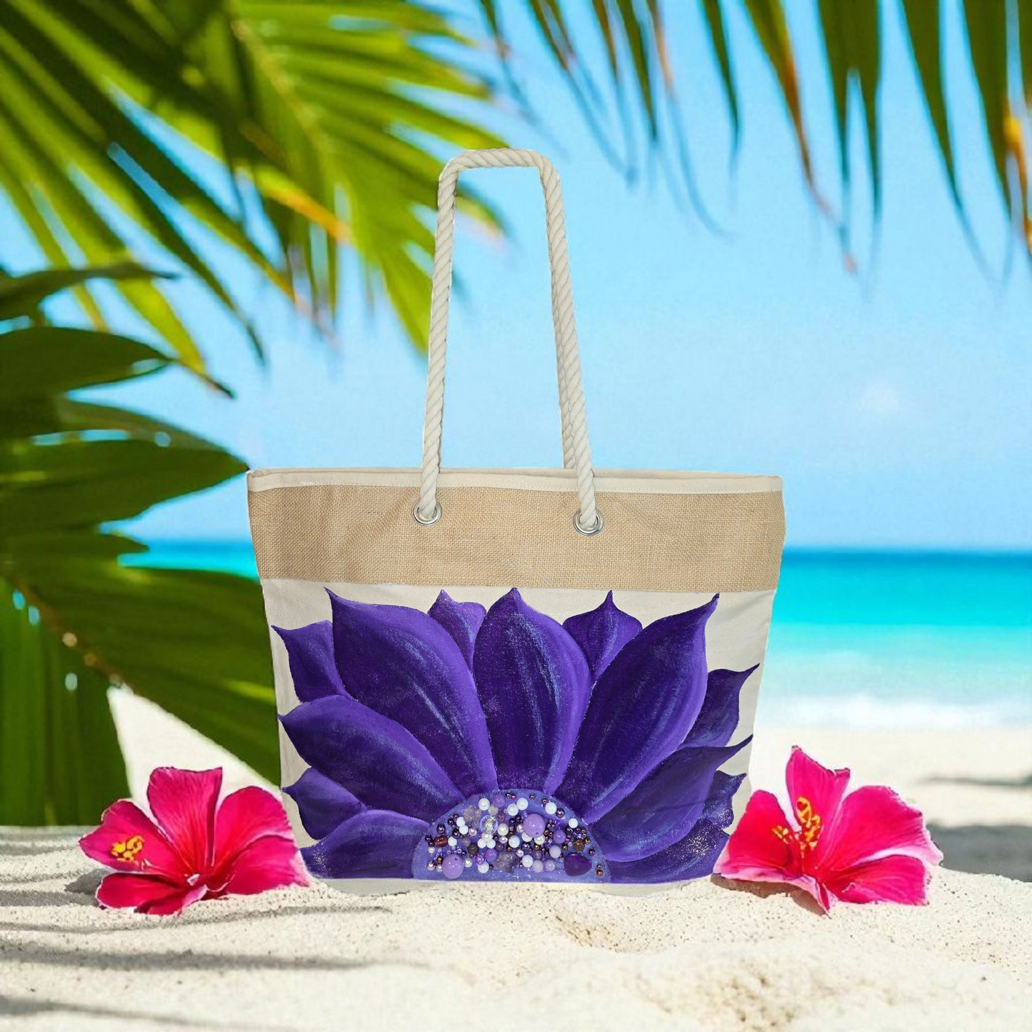 Hand-painted rope handle tote bag featuring a vibrant purple sunflower with bead embellishments.