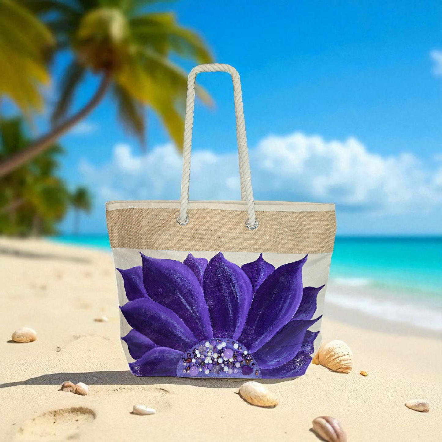 Hand-painted rope handle tote bag featuring a vibrant purple sunflower with bead embellishments.