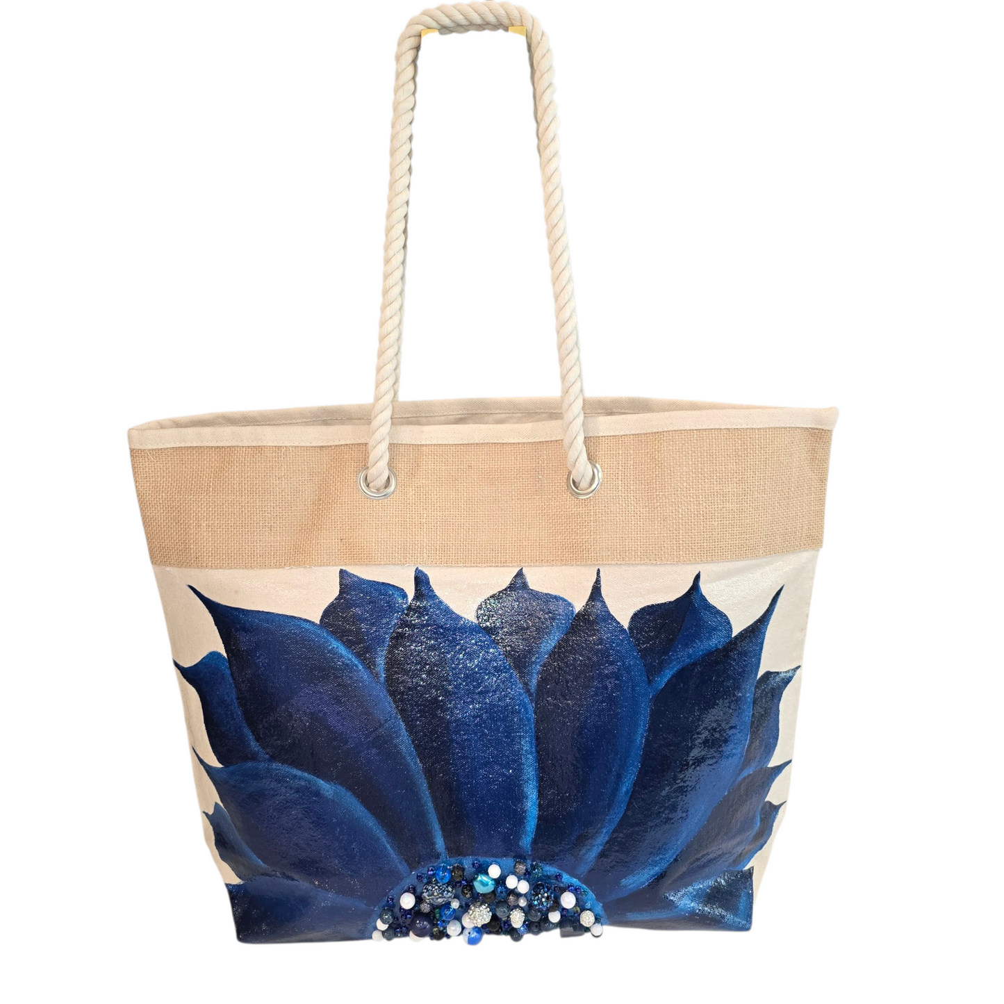 Hand-painted rope handle tote bag with a deep blue sunflower and bead embellishments.