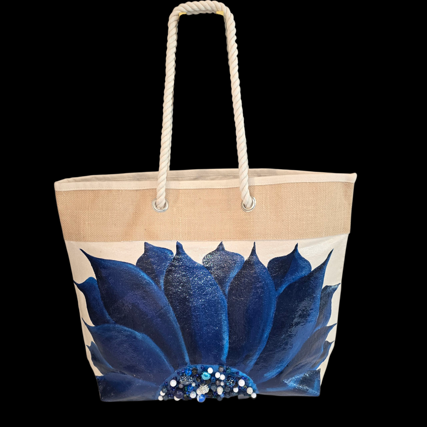 Hand-painted rope handle tote bag with a deep blue sunflower and bead embellishments.