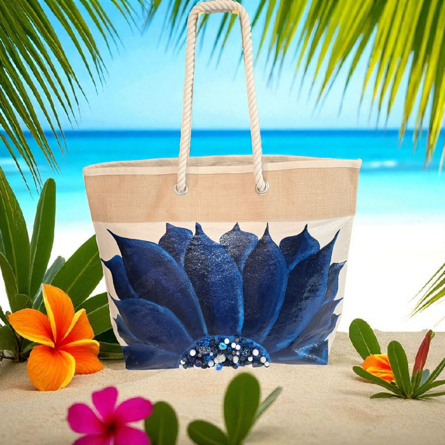 Hand-painted rope handle tote bag with a deep blue sunflower and bead embellishments.