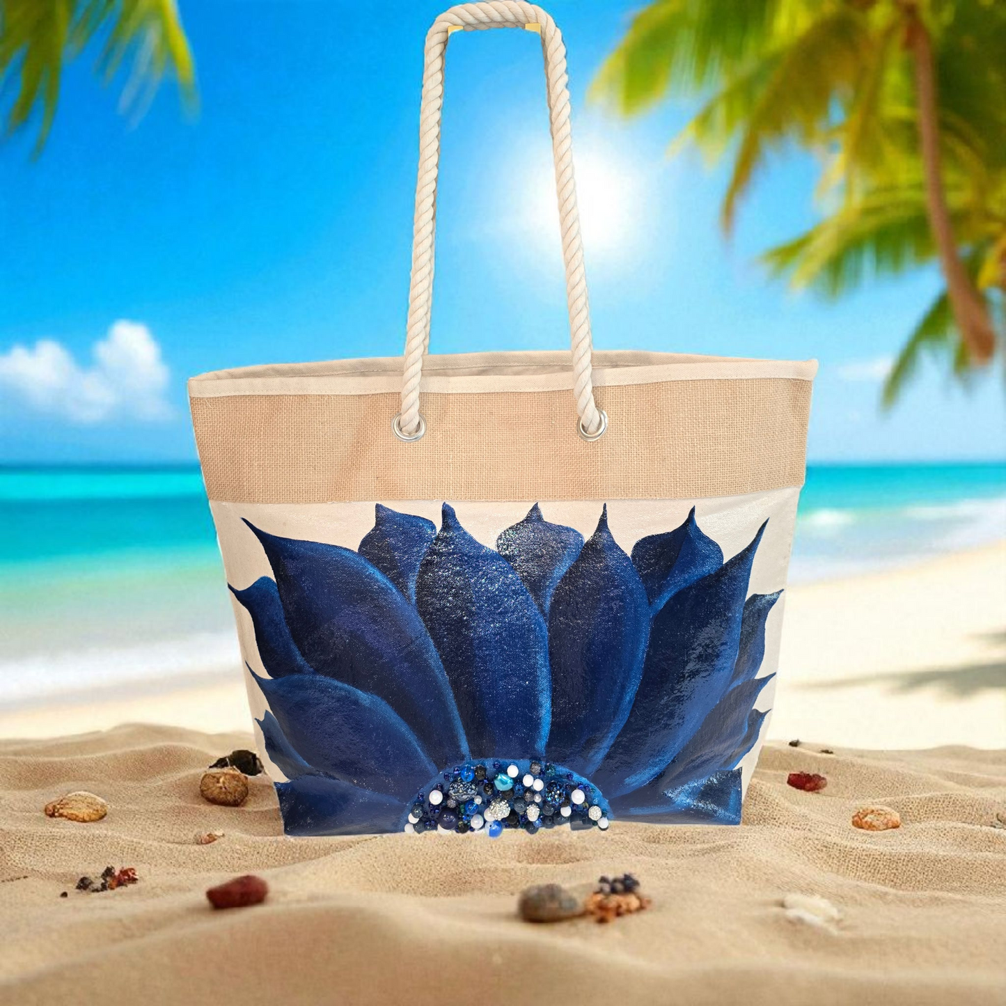 Hand-painted rope handle tote bag with a deep blue sunflower and bead embellishments.