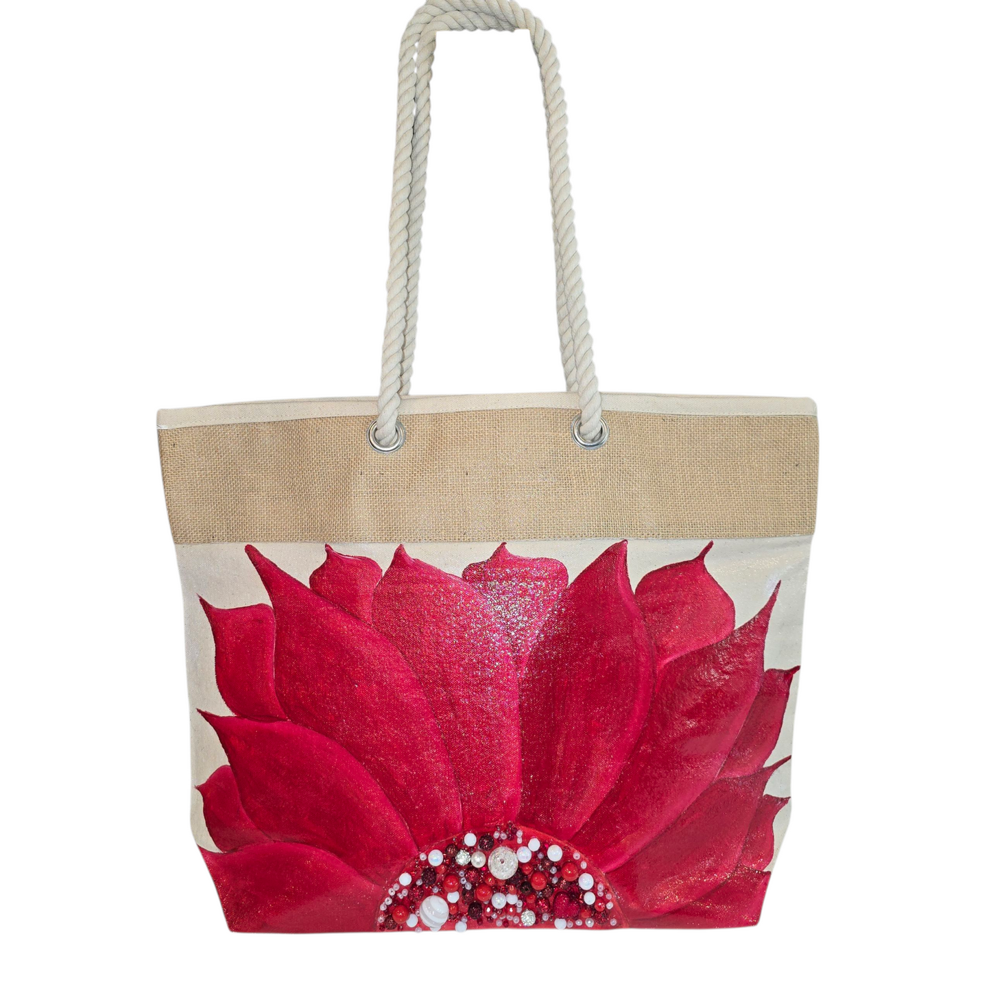 Hand-painted rope handle tote bag featuring a bold red sunflower with bead embellishments.