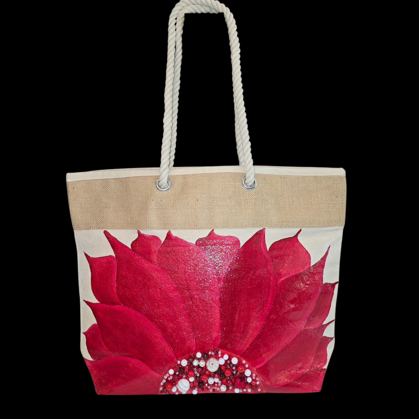 Hand-painted rope handle tote bag featuring a bold red sunflower with bead embellishments.